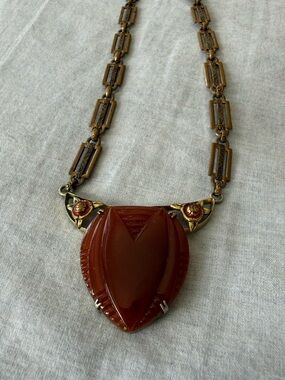 Vintage Art Deco Carnelian Glass and Brass Filigree Necklace